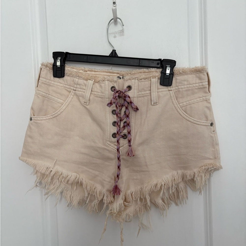 Free People Tan Jean Shorts with Distressed Hem and Lace-Up Detail